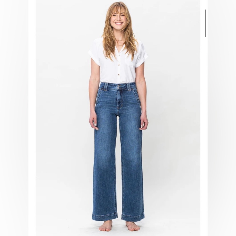 High Waist Double Button Wide Leg Jeans in Medium Blue by Judy Blue Size 20W NWT